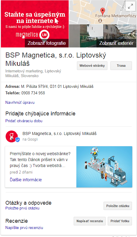 Moja firma na Googli - magnetica.sk